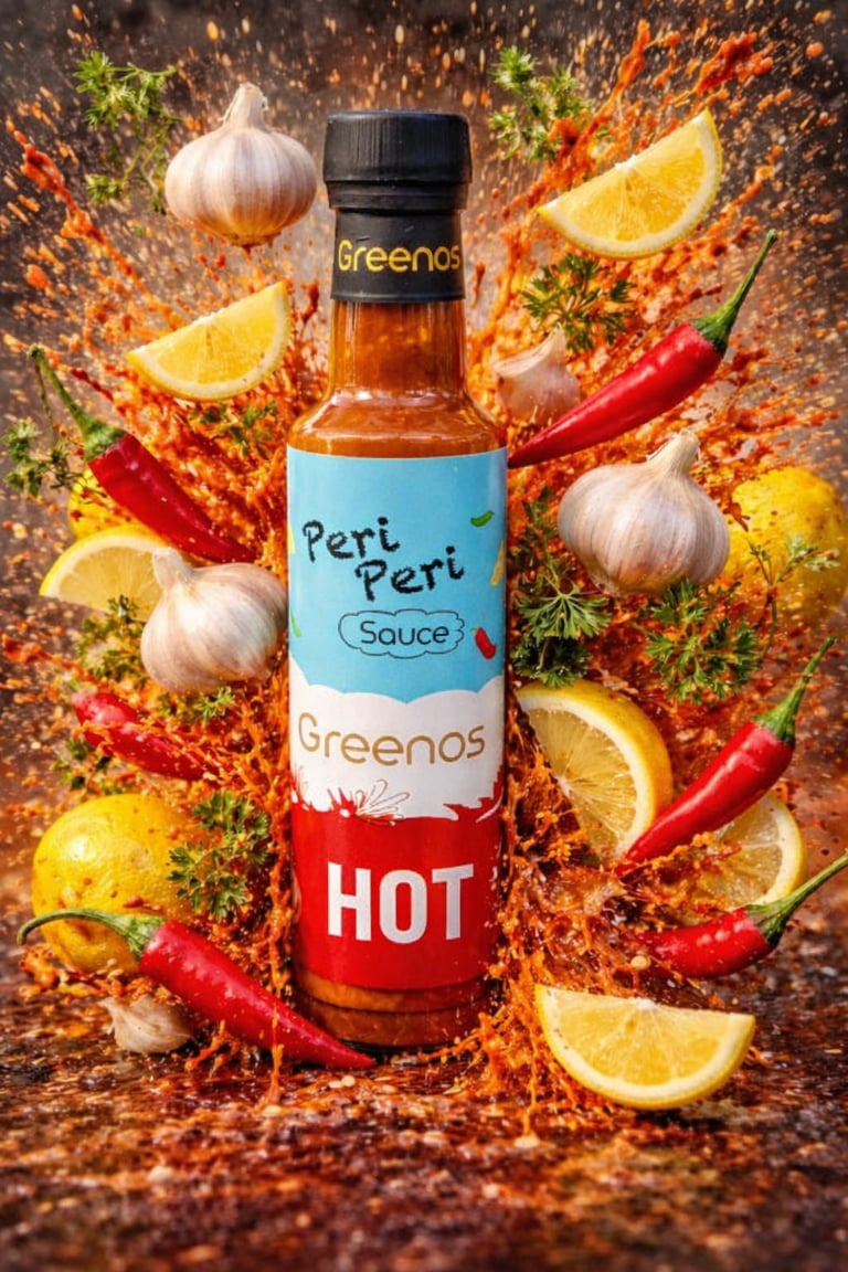Peri Peri hot sauce bottle by Greenos surrounded by fresh chili peppers, garlic, lemon slices, and herbs on an orange spiced background