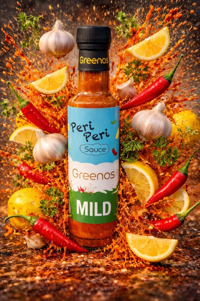 Greenos Peri Peri Mild sauce bottle surrounded by garlic, chili peppers, lemon slices, and herbs against a fiery orange explosion background