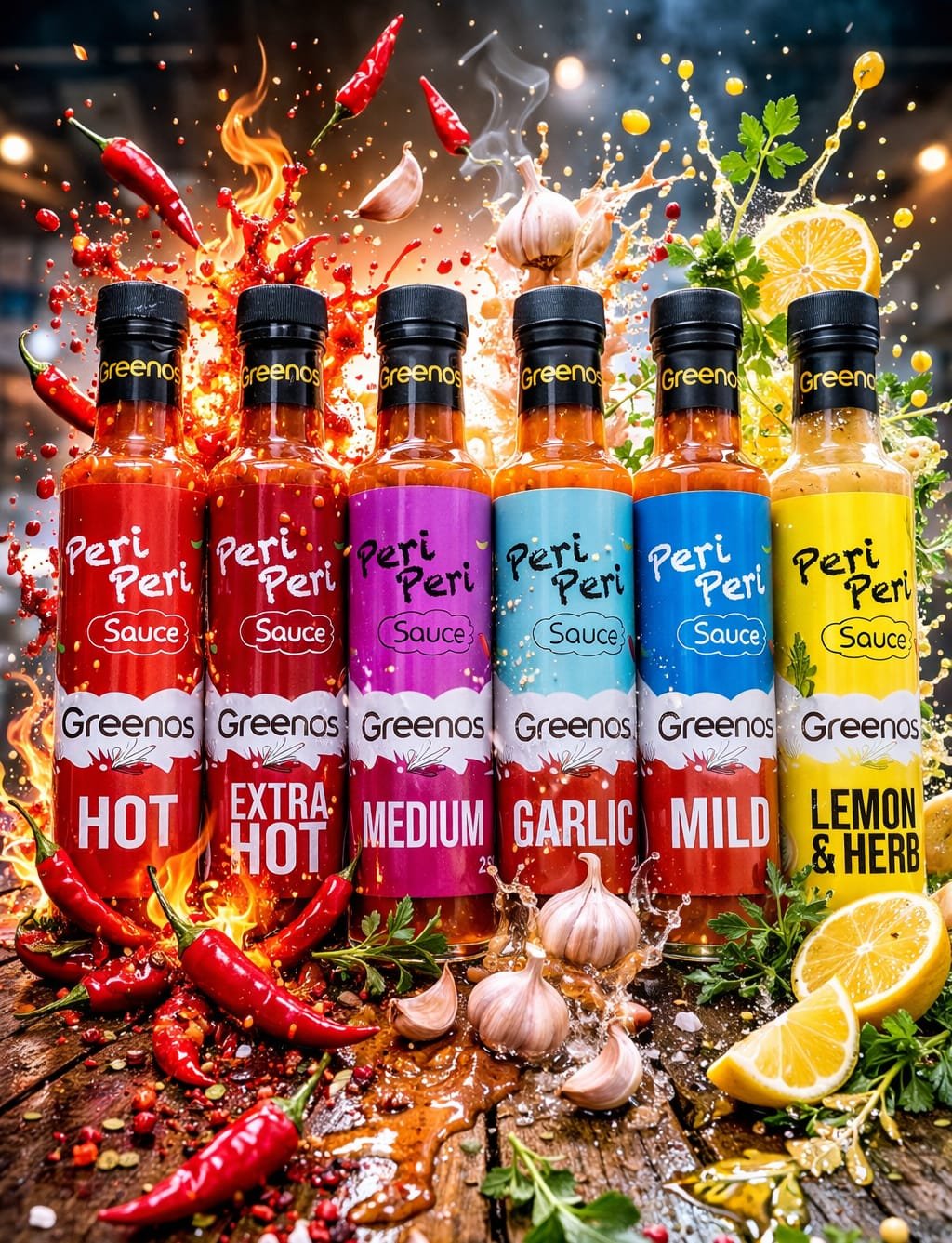 Row of six Greeneos Peri Peri sauce bottles with flavor varieties surrounded by dynamic splash effects of ingredients and fire