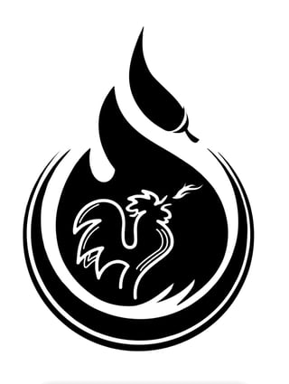 Black and white logo of a dragon head inside a flame or teardrop shape design
